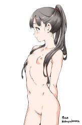 arm_behind_back blush breasts brown_hair character_name closed_mouth collarbone completely_nude cowboy_shot female female_pubic_hair hair_over_shoulder hamao high_ponytail idolmaster idolmaster_cinderella_girls kobayakawa_sae long_hair navel nipples nude profile pubic_hair pussy shiny shiny_hair simple_background sketch small_breasts smile solo standing uncensored very_long_hair white_background