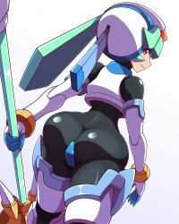 1girls armor ass ass_focus back_view big_ass bodysuit female green_hair long_hair mega_man mega_man_x_dive mega_man_zx noburockman pandora_(mega_man) red_eyes robot_girl smile