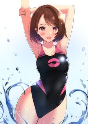 arms_above_head black_swimsuit breasts brown_eyes brown_hair competition_swimsuit female gloria_(pokemon) medium_breasts nintendo one-piece_swimsuit open_mouth poke_ball_symbol pokemon pokemon_ss short_hair swimsuit toyomi_13 two_tone_swimwear water