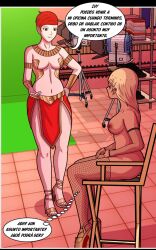 2girls big_breasts blonde_hair breasts chair comic comic_page dark-skinned_female dark_skin director's_chair drasly_(sabino69stories) egyptian_clothes green_screen holland_earth_stories_(series) ivy_grace multiple_girls nude_female nude_female_clothed_female oasis_girl open_toe_shoes pale-skinned_female pale_skin red_eyes red_hair sabino_69_stories sideboob tagme