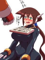 2girls @_@ aile ashe_(megaman_zx) big_ass big_breasts bodysuit brown_hair crazy_eyes green_eyes kneeling large_ass large_breasts long_hair mega_man mega_man_zx_advent noburockman offscreen_character ponytail tagme