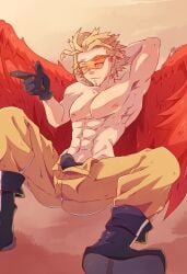 1boy abs erect_penis erection gloves hand_behind_head hawks_(my_hero_academia) keigo_takami male male_focus male_only mizu_m my_hero_academia unzipped unzipped_pants wings