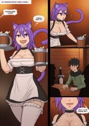 1boy 1girls 2d ass barmaid big_ass big_breasts cat_ears cat_tail catgirl choker licking_lips madabalone page_1 purple_eyes purple_hair tail tavern thick_thighs wide_hips