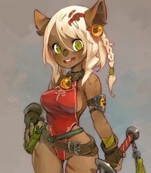 1girls adventurer animal_ears anthro bare_shoulders bell big_breasts black_nails blonde_female braid breasts character_request dark-skinned_female dofus ecaflip feline_ears female female_only fingerless_gloves green_eyes hair_ornament leotard long_nails smile solo sword wakfu xagueuzav