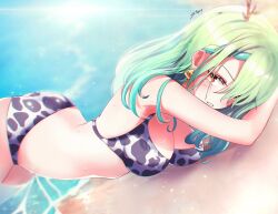 artist_signature beach beauty_mark bikini ceres_fauna cow_tag cowkini green_hair hololive hololive_english hololive_english_-council- hololive_english_-promise- horns looking_at_viewer on_bottom on_front pov sand seaside single_braid sk_jynx virtual_youtuber water yellow_eyes