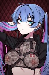 alternative blue_hair breasts dyed_hair earrings fishnets goth gothic hatsune_miku j.k. large_breasts makeup nipples piercing vocaloid