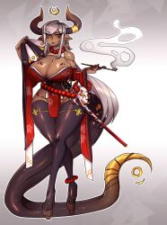 1girls big_breasts breasts dragon_girl dragon_horns dragon_humanoid dragon_tail female female_only full_body hi_res horns hourglass_figure inkbuns kiseru long_hair looking_at_viewer narrowed_eyes pipe pointy_ears red_eyes smoking solo solo_female tail thick_thighs thighhighs unamused white_hair wide_hips