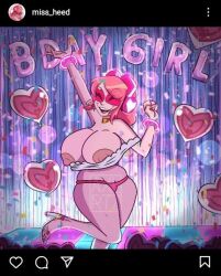 axxxolartz big_breasts cartoon_network chubby closed_eyes clothing female_only instagram miss_heed_(villainous) nipples panties pink_hair pink_nipples pink_skin smile tagme villainous