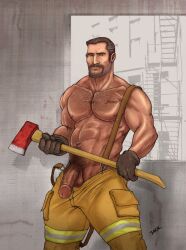 1male axe chest_hair facial_hair firefighter gloves kamui_jack male male_focus male_only muscular muscular_male pubic_hair