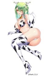 1girls artist_name beauty_mark bikini bikini_bottom bikini_top ceres_fauna choker cow_bikini cow_print cow_print_gloves cowbell eye_contact female female_only flowers_in_hair gloves green_hair hanh_chu high_heel_boots high_heels hololive hololive_english hololive_english_-council- hololive_english_-promise- horns light-skinned_female light_skin long_gloves looking_at_viewer on_side solo text thighhighs virtual_youtuber white_background yellow_eyes