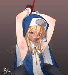 1boy armpits arms_tied_above_head blonde_hair blush bondage bound_wrists bridget gag gagged green_eyes guilty_gear k52 looking_at_viewer solo tape_gag