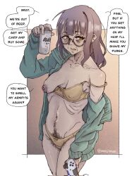 1girls aunt beer bra excessive_pubic_hair female female_only gilf glasses gray_hair grey_hair happy_trail light-skinned_female light_skin moistman neet one_breast_out original_character panties pubic_hair pubic_hair_peek puffy_nipples sagging_breasts slob tagme text