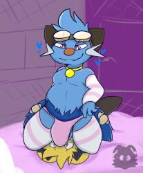 2021 anthro blue_fur collar dewott digital_media_(artwork) duo duo_focus facesitting furry furry_only gay glasses heart heart-shaped_pupils l4caxd luca_the_shinx male male/male male_only nintendo panties pokémon_(species) pokemon pokemon_(species) pokemon_bw shinx simple_background sitting slightly_chubby striped_legwear stripes underwear watermark yellow_fur