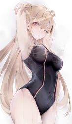 1girls alisa_reinford arched_back armpits arms_above_head arms_behind_head arms_up ass bangs bare_arms black_swimsuit blonde_female blonde_hair blonde_hair_female blush breasts covered_navel cowboy_shot eiyuu_densetsu female female_focus female_only hair_between_eyes kisaragi_yaya long_hair looking_at_viewer medium_breasts navel one_eye_closed one_eye_open one_piece_swimsuit sen_no_kiseki sidelocks simple_background solo solo_female solo_focus standing swimsuit swimwear thighs trails_of_cold_steel twintails two_side_up very_long_hair wet wet_body wet_clothes wet_skin wet_swimsuit white_background