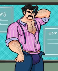 arm_behind_head bulge male male_focus male_only mr._saguaro muscles muscular muscular_male npc_trainer pgbckup pokemon pokemon_sv unbuttoned_shirt unzipped_pants