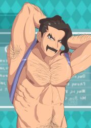 flexing hairy_chest male male_focus male_only mr._saguaro muscles muscular muscular_male npc_trainer pokemon pokemon_sv suspenders teasing yorumaell