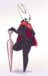 belly belly_button big_weapon black_body blush blushing breasts bug bug_girl cape hanaarts hollow_knight hornet_(hollow_knight) insect_girl insectoid insects large_weapon legs needle not_void slight_blush tagme thick thick_legs thick_thighs thighs tummy weapon