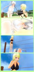 2girls bikini black_bikini blush catfight embarrassing fun humiliating laughing lifting lifting_person multiple_girls ring swimsuit_suit white_bikini wrestling yuri