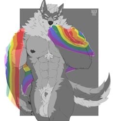 1:1 2022 abs achaiwolf animal_genitalia animal_penis anthro balls barazoku basch biceps big_balls big_muscles border canid canine canine_penis canis eyebrows flag front_view fully_sheathed fur genitals grey_background hair hi_res lgbt_pride looking_at_viewer male mammal muscular muscular_anthro muscular_male navel nipples nude pecs penis penis_tip pride_color_flag pride_colors rainbow_pride_colors sheath signature simple_background smile solo standing tuft white_border wolf