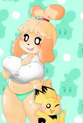 1boy 1girls animal_crossing curvy duo female grabbing_own_breast height_difference isabelle_(animal_crossing) larger_female male mob_face mochikirb nintendo pichu pokemon smaller_male thick_thighs voluptuous