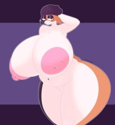 2022 absurd_res anthro areola big_breasts black_beanie breasts calico_cat domestic_cat ear_piercing epic_games felid feline felis female fortnite fur hand_behind_head hi_res huge_breasts mammal meow_skulls_(fortnite) mottled multicolored_body multicolored_fur nipples piebald piercing purple_background simple_background solo video_games voctopie