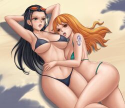 2022 2girls beach bikini black_hair blue_eyes blush female female_only flowerxl hazel_eyes huge_breasts long_hair lying_on_back lying_on_side nami nami_(one_piece) nico_robin one_piece orange_hair post-timeskip post_timeskip shounen_jump striped_bikini sunglasses swimsuit tattoo yuri