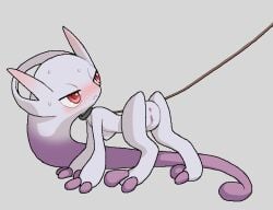 all_fours anus blush collar female genitals grey_background legendary_pokémon looking_back mega_evolution mega_mewtwo mega_mewtwo_y mewtwo nintendo pokemon pokemon_(species) pokemon_only pussy red_eyes simple_background solo tosx video_games