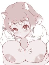 black-tailed_prairie_dog_(kemono_friends) blush breast_squeeze breasts cleavage extra_ears female heart heart-shaped_pupils highres huge_breasts isna kemono_friends kissing_penis looking_at_viewer monochrome nipples paizufella paizuri paizuri_lead_by_female penis shirt short_hair solo symbol-shaped_pupils