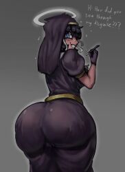 angel_halo ass azazel_(helltaker) big_ass big_eyes blue_eyes bubble_ass clueless helltaker huge_ass inconvenient_ass massive_ass nervous nun oblivious round_ass sweat tagme thick_thighs wide_hips