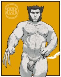 1boy abs balls ballsack beard_stubble beefy black_and_white body_hair bruteandbrawn cigar claws dad_bod facial_hair flaccid flaccid_penis foreskin hairy_balls hairy_male human intact james_howlett male male_nipples male_only male_pubic_hair manly marvel marvel_comics mature_male monochrome musclegut muscles muscular_male mutton_chops nude nude_male partially_retracted_foreskin pecs penis scrotum sideburns solo testicles uncolored uncut veiny_penis wolverine_(x-men) x-men yaoi