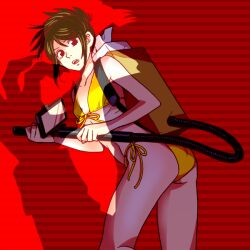 3mm backpack bikini brown_hair female female_only flat_chest gintama looking_at_viewer looking_back offscreen_character ponytail red_background shadow shimura_tae side-tie_bikini skinny small_breasts solo swimsuit yellow_bikini