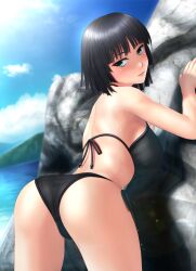 1girls against_rock against_surface ass bangs bare_shoulders beach bent_over big_ass big_breasts big_butt bikini bikini_bottom bikini_top black_hair blue_sky blush bob_cut breasts curvaceous curvy curvy_body curvy_female curvy_figure dark_green_hair dat_ass female female_focus female_only fit fit_female fringe fubuki_(one-punch_man) green_eyes green_hair heroine hourglass_figure light-skinned_female light_skin lips lipstick looking_at_another looking_back medium_hair one-punch_man pink_lips pink_lipstick presenting presenting_ass presenting_butt presenting_hindquarters rock shiny_skin short_hair sideboob siinatai_10 sky slim slim_waist smile smiling smiling_at_viewer smirk solo solo_female solo_focus tai_(2vs) thick thick_ass thin_waist toned toned_back toned_body toned_female voluptuous waist water wet wet_body wet_skin