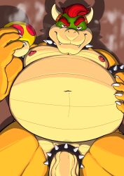 2022 accessory anthro armband barazoku belly big_belly big_muscles big_penis bowser brown_background claws cock_ring collar eyebrows front_view fungus genitals hair hand_on_stomach hi_res holding_object horn humanoid_genitalia humanoid_penis jewelry koopa looking_at_viewer low-angle_view male male_only mario_(series) mega_mushroom moobs musclegut muscular muscular_anthro muscular_male mushroom narrowed_eyes navel nintendo nipples non-mammal_nipples nude overweight overweight_anthro overweight_male penis penis_accessory penis_base penis_jewelry power_up scalie shadow simple_background smile smoke solo spiked_armband spiked_cock_ring spiked_collar spikes standing super_mario_bros. teeth thick_penis vein video_games werewhisky