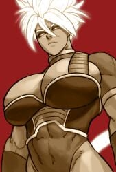 1girls absurd_res big_breasts dragon_ball dragon_ball_xenoverse female female_only looking_at_viewer matsuna_(kameseru) muscular muscular_female narrowed_eyes red_background saiyan saiyan_armor shounen_jump solo solo_female solo_focus sotcho super_saiyan unamused viewed_from_below