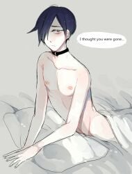 1boy bed bed_sheet blue_eyes blue_hair chojo_tekina choker dialogue koumi-senpai looking_at_viewer male_only malesub naked nipples pale-skinned_male pale_skin pillow pinup pose posing skinny twink worried worried_expression yandere_simulator