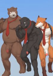 2022 anthro balls barontoko belly blue_background brown_body canid canine edit felid flaccid fox genitals glans group hi_res kemono male mammal moobs mostly_nude muscular muscular_male navel necktie necktie_only nipples orange_body overweight overweight_male pantherine penis simple_background uncensored ursid