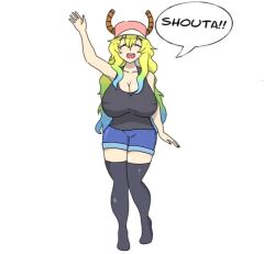 big_ass big_breasts blonde_hair closed_eyes clothed dragon hat horns log_cibo looking_at_viewer miss_kobayashi's_dragon_maid quetzalcoatl_(dragon_maid) shirt smile sole_female solo stockings