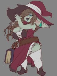 1girls big_breasts big_ears blue_eyes book breasts brown_hair clothing dress female female_only goblin goblin_female green-skinned_female green_skin hat high_thights imaginaricide nil_(imaginaricide) solo tagme weaponized_thickness witch_hat