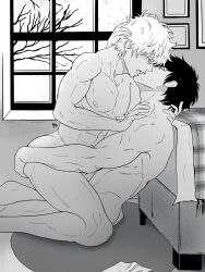 2boys ass_grab completely_nude french_kiss gay gintama gintoki_sakata hand_on_another's_head hijikata_toshiro implied_anal implied_sex indoors kissing kneeling leaning_back looking_at_another male male_only monochrome muscular muscular_male nude spicykiki straddling sweat yaoi