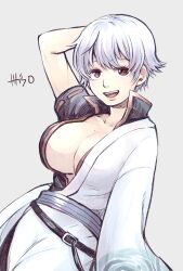 arm_up big_breasts canon_genderswap cleavage female female_only genderswap_(mtf) ginko_sakata gintama gintoki_sakata hadanugi_dousa japanese_clothes kimono looking_at_viewer no_bra open_mouth open_shirt red_eyes rule_63 short_hair silver_hair smile solo very_short_hair white_hair