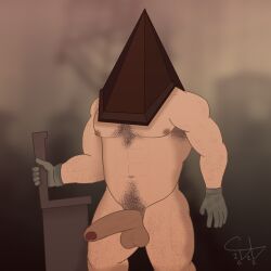 2022 abs armpit_hair balls bara barazoku big_penis codawolfex darkened_genitalia digital_media_(artwork) erection foreskin gloves hair helmet male male_only muscular muscular_male muscular_thighs nipples nude penis pixel_art pubic_hair pyramid_head silent_hill solo solo_focus uncut video_games weapon