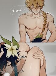 aether_(genshin_impact) blonde_hair blowjob blue_hair censored_penis eriimyon fellatio femboy gay gay_sex genshin_impact implied_oral male_only muscular_male twink venti_(genshin_impact) yaoi