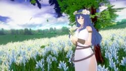 1girls alternate_costume bare_thighs blue_eyes blue_hair bouquet breasts dress female female_only fire_emblem fire_emblem_awakening fire_emblem_heroes flower hair_flower head_wreath kankantor large_breasts long_hair looking_at_viewer lucina_(fire_emblem) lucina_(valentine)_(fire_emblem) nintendo official_alternate_costume open_mouth smile solo symbol-shaped_pupils thighs tree