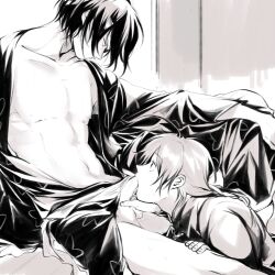 2boys blowjob erection fellatio gay gintama holding_penis kamui_(gintama) kimono looking_at_another looking_down looking_up male male_only mew_(pixiv) monochrome open_clothes open_kimono oral penis takasugi_shinsuke uncensored yaoi