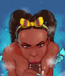 1boy 1girls :>= angry_dragon bandana big_breasts black_female black_hair black_on_black blowjob blue_background blue_nail_polish braids breasts brown_eyes capcom colored_tips dark-skinned_female dark-skinned_male dark_skin fellatio female hair_tie hand_on_penis handjob holding_penis kimberly_jackson long_hair looking_at_viewer looking_up nail_polish nude oral partial_male penis randomboobguy street_fighter street_fighter_6 two-tone_hair wet_penis