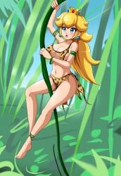 1girls 2017 :o absurd_res anklet armlet bare_legs bare_shoulders barefoot blonde_hair blue_eyes blush bracelet breasts cleavage clothing crown earrings eyebrows_visible_through_hair feet female female_only forest full_body highres jewelry jungle jungle_girl large_breasts leonart leopard_print loincloth long_hair mario_(series) nintendo open_mouth princess_peach redraw revealing_clothes sigurdhosenfeld solo swinging thighs toes tongue tribal vine_swing vines