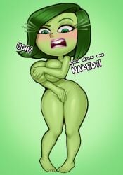 1girls 2d angry big_ass big_breasts blush covered_nipples covering_breasts covering_crotch curvy dialogue disgust_(inside_out) disgusted embarrassed embarrassed_nude_female english_text eyelashes female female_focus female_only green_body green_eyes green_hair green_skin hourglass_figure inside_out lipstick loodncrood looking_at_viewer no_penetration nude nude_female shortstack solo solo_female talking_to_viewer text voluptuous