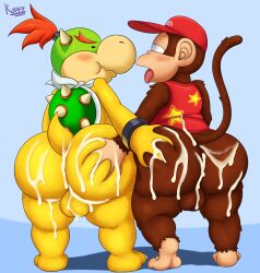 absurd_res anthro ass balls big_butt bodily_fluids bowser_jr. butt_grab cum diddy_kong donkey_kong_(series) duo genital_fluids genitals hand_on_butt haplorhine hi_res huge_butt kiffy_(artist) koopa male male_only mammal mario_(series) monkey nintendo orgasm_face primate scalie thick_thighs video_games