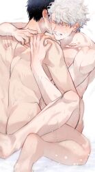 2boys anal anal_sex back_muscles bite_mark black_hair blush butt_crack clenched_teeth cling completely_nude gay gintama gintoki_sakata hickey hickey_marks hijikata_toshiro hug implied_anal male male_only motion_lines nude o_jaksal one_eye_closed scratches scratching silver_hair sweat tears wavy_hair white_hair yaoi