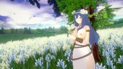 1girls alternate_costume bare_thighs blue_eyes blue_hair bouquet breasts breasts_out dress female female_only fire_emblem fire_emblem_awakening fire_emblem_heroes flower hair_flower head_wreath kankantor large_breasts long_hair looking_at_viewer lucina_(fire_emblem) lucina_(valentine)_(fire_emblem) nintendo nipples official_alternate_costume open_mouth smile solo symbol-shaped_pupils thighs tree